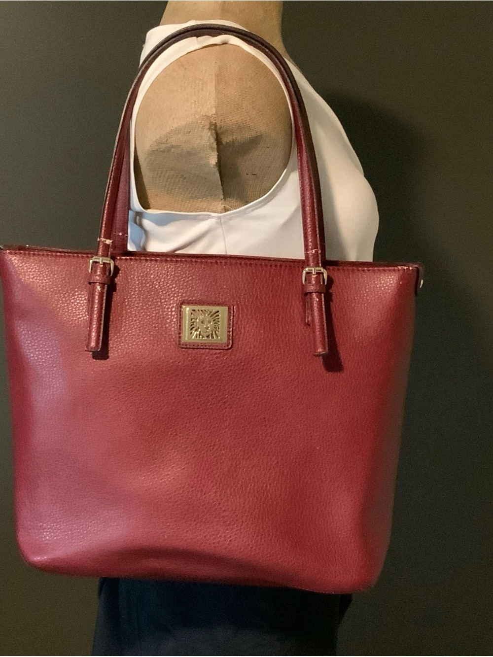 Anne Klein Dark Berry Red Faux Leather Tote Bag w/Gold Lion & Polka Dot Lining